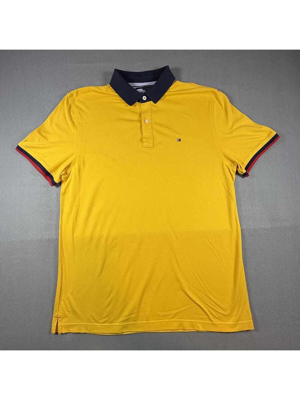 Tommy‎ Hilfiger Mens XL Yellow Navy Two Tone Polo Shirt Pique Cotton Flag Logo